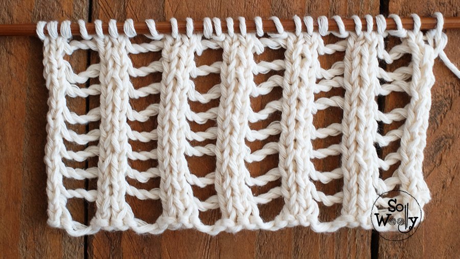 Two-row knitting lace stitch pattern step by step tutorial