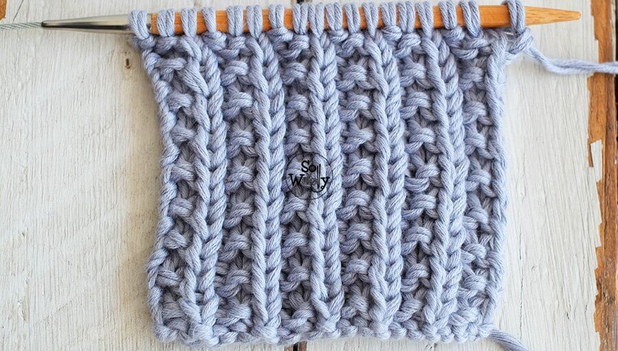 One-row knitting stitch pattern, step by step: Broken Rib. So Woolly.