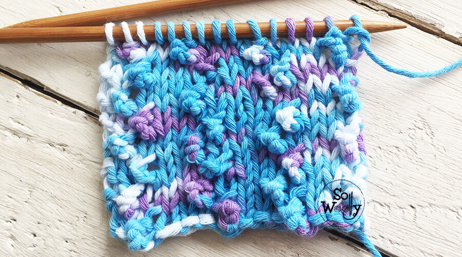Variegated Popcorn knitting stitch pattern and video tutorial. So Woolly.
