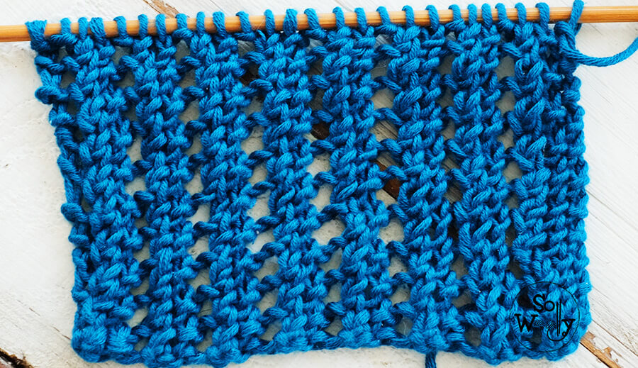 Two-row repeat reversible lace knitting stitch: Learn to knit true easy lace patterns (reversible and it lays flat). So Woolly.