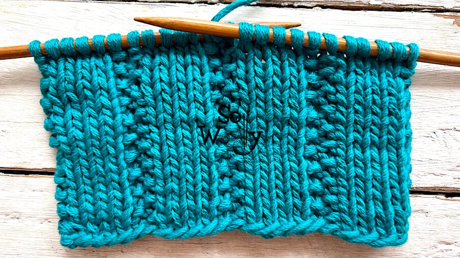 Fancy Moss stitch Rib: A two-row repeat knitting pattern, ideal for beginners. So Woolly.