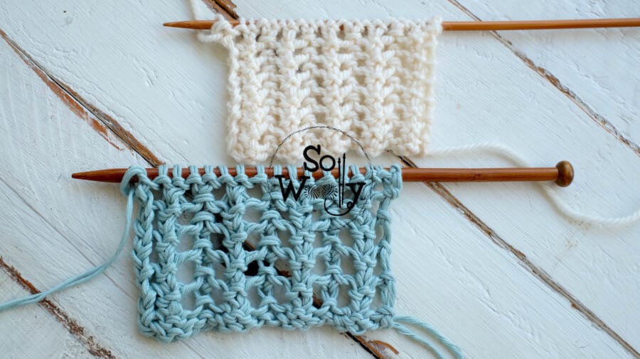 Easy two-row repeat lace knit stitch pattern. So Woolly.